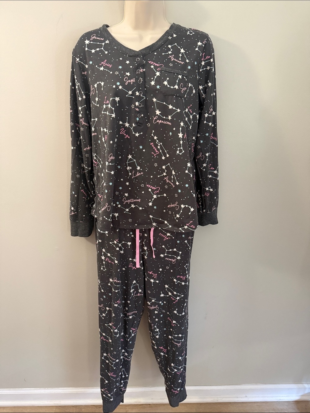 Cuddl Duds Charcoal Constellation Pajama Set with Pink Accents